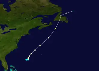 The path of a hurricane, it starts about half between Bermuda and the Bahamas, races toward Newfoundland and quickly becomes extratropical