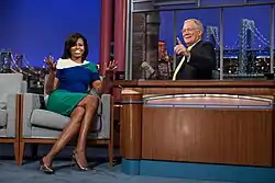 Michelle Obama with David Letterman and a Neumann M 147 in 2012
