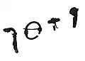 Brooches, from left to right: Trumpet brooch (2nd to 4th century), Penannular brooch (2nd to 4th century) and two other bronze brooches (or fibulae).