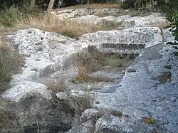 Ancient winepress in Israel with the pressing area in the center and the collection vat off to the bottom left.