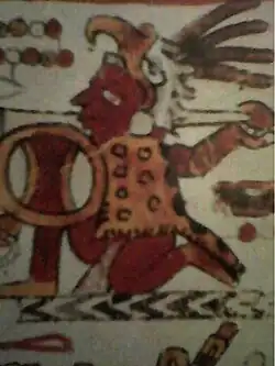 A Mixtec warrior wearing a jaguar skin and a helmet in the shape of a bald eagle's head. Codex Selden, p.&nbsp;17.