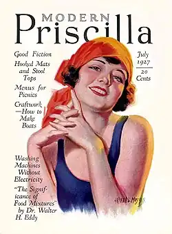 The July 1927 cover of Modern Priscilla, featuring an illustration of a smiling young white woman wearing bathing attire