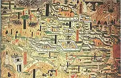English: A mural painting from Cave 61 at the Mogao Caves, depicting Tang dynasty monastic architecture from Mount Wutai.