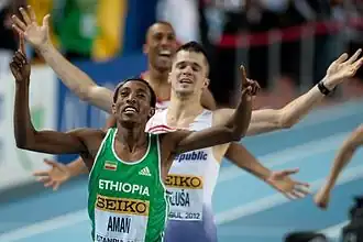 Mohammed Aman celebrating his win after finishing the 800 metres.