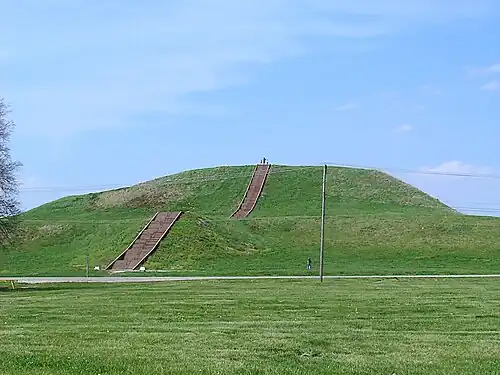 Monks Mound of Cahokia (UNESCO World Heritage Site) in summer. The concrete staircase follows the approximate course of the ancient wooden stairs.