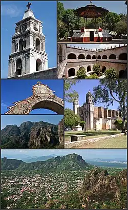 From top to bottom from left to right: Church of San Miguel de Arcangel, Municipal Kiosk, Former Convent of Tepoztlán, Arch in the church of Tepoztlán, Hills around Tepoztlán, Temple and Old Convent of the Nativity, Panoramic view of Tepoztlán.