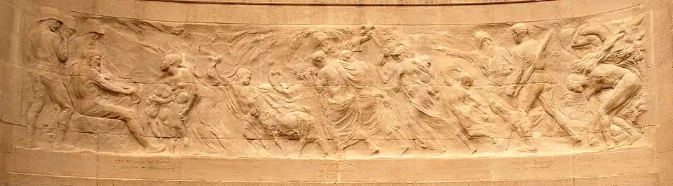 Frieze (from right to left): The Discoverers – The Missionary – The Belgians in Congo