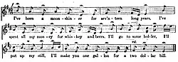 The picture shows three lines of music and lyrics to the song known as "The Moonshiner".