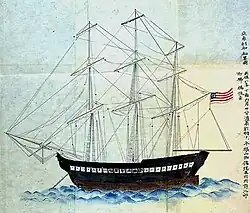Japanese drawing of the Morrison, anchored in front of Uraga in 1837.