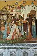 Fresco of the blessing of Prince Dimitry Donskoy by Saint Sergius of Radonezh (Artel of Andrei Rublev). - Trinity-Sergius Lavra, Sergiev Posad Oblast, Moscow