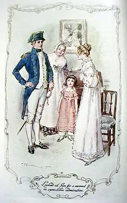 Illustration for chapter 38 of Mansfield Park, by Jane Austen. Fanny, speechless with emotion, admires her brother William in his brand-new lieutenant's uniform.