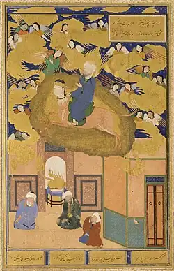 Muhammad's ascent into the Heavens, a journey known as the Mi'raj, as depicted in a copy of the Bostan of Saadi, 1514