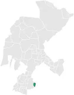 Map of the state with the municipality marked. It is almost at the southern tip.