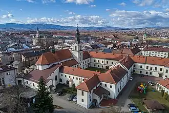 Aerial view of Nowy Sącz, with the Jesuit Monastery at the front.