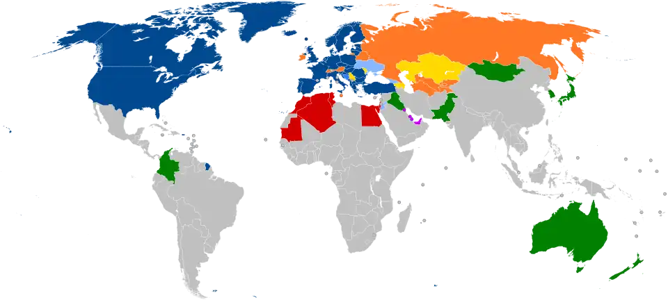 A world map with countries in blue, cyan, orange, yellow, purple, and green, based on their NATO affiliation.