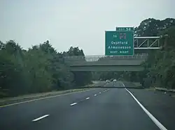 Southbound New Jersey Route 55 approaching the exit for Deptford Center Road, exit 58