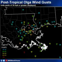 Map showing the location and strength of peak wind gusts in the lower Mississippi valley 39&nbsp;mph (63&nbsp;km/h)