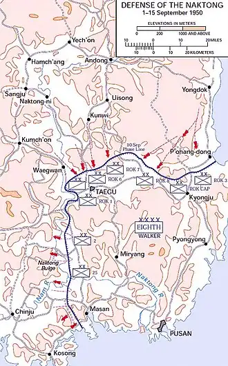 A map of troop movements against a defensive line on the southeastern tip of a landmass