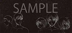 Five hand-drawn main characters from the anime standing against a monochrome background