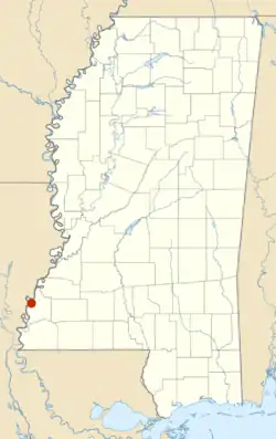 Map of the present-day state of Mississippi, showing the location of the massacre in the southwestern part of the state, across the river from Louisiana