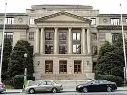 An exterior photograph of the central pavilion of the Administration Building of the National Geographic Society Headquarters in Washington, D.C.