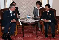 Chairman of the Joint Chiefs of Staff General Richard B. Myers with Mongolian President Natsagyiyn Bagabandi at Mongolian Government Palace during a visit to Ulaanbaatar, Mongolia on 13 January 2004.