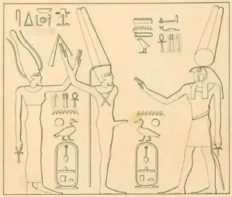 Drawing of a petroglyph in Konosso with the goddess Satis, the ithyphallic god Min, Montu and the cartouche of King Neferhotep I (c. 1747–1736 BC).