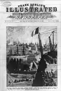 New York - arrival of the French transport steamer Isère with the Bartholdi statue on board, at the base of the pedestal, Bedloe's Island, June 19