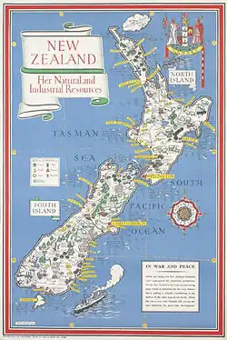 Image 30A 1943 poster produced during the war. The poster reads: "When war broke out ... industries were unprepared for munitions production. To-day New Zealand is not only manufacturing many kinds of munitions for her own defence but is making a valuable contribution to the defence of the other areas in the Pacific..." (from History of New Zealand)