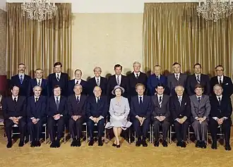 Image 20Elizabeth II and Muldoon's Cabinet, taken during the Queen's 1981 visit to New Zealand (from History of New Zealand)