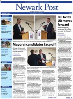 Main article is "Mayoral candidates face off" by Josh Shannon with pictures of two people behind lecturs. Top of page has blue nameplate, left column has table of contants, and right column has second article: "Bill to tax UD moves forward" by Josh Shannon