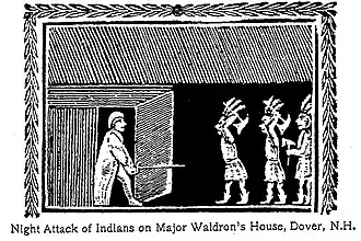 A woodcut of an older man in traditional sleeping clothes and nightcap confronting armed natives within his home