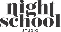 In an old serif fashion, the words "Night School" appear properly, while at the bottom, "Studio" is capitalized in a modern sans serif font.