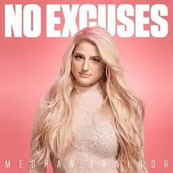 A blonde woman stands in front of a pink background with "No Excuses" written above and behind her in white font.