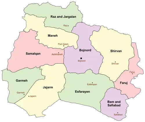 Location of Shirvan County in&nbsp;North&nbsp;Khorasan&nbsp;province (right,&nbsp;yellow)