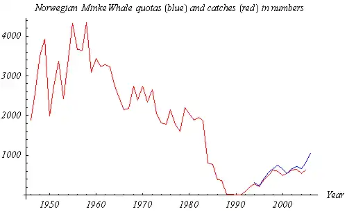 Line chart that shows catches peak at >4,000 in the 1950s, decline to 0 in the late eighties and increase to >1,000 by 2006