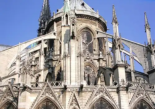 Later flying buttresses of the apse of Notre-Dame (14th century) reached 15 metres (49&nbsp;ft) from the wall to the counter-supports.