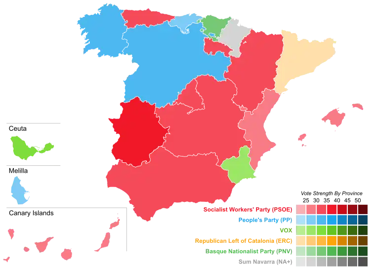 Map of Spain showcasing winning party's strength by autonomous community