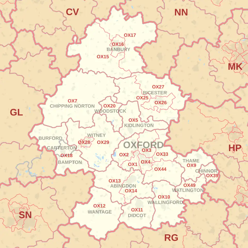 OX postcode area map, showing postcode districts, post towns and neighbouring postcode areas.