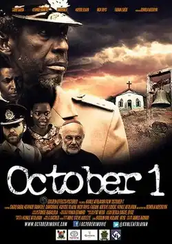 The main character in the foreground of the left side, with minor characters in smaller proportion to his side, and an old church under dark skies at the right.