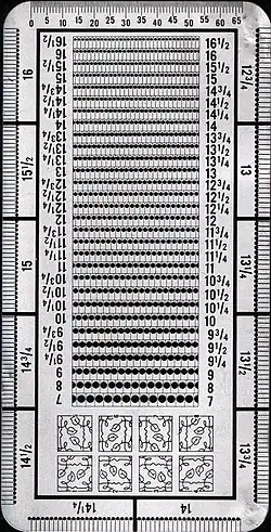 Perforation gauge. Also known as an odontometer.