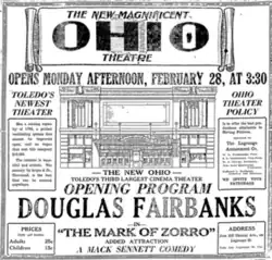 Ad for opening night at the Ohio Theatre.
