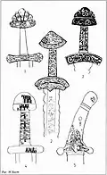 1. Sword from Karabichev. 2. Sword of blacksmith Ludota. 3. Sword from the burial of a combatant in Kiev. 4. Sword of the Scandinavian type from the Dnieper rapids. 5. Saber of the Magyar type. Gochevo. 10th century