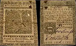 One Shilling note, colonial American money printed 1772