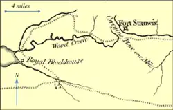 Map showing an area of 10 by 20 miles. A small portion of a lake is shown to the left; a small fortification is indicated on the shore of the lake that is labeled "Royal Blockhouse". A long, meandering creek (labeled Wood Creek) runs from the lake eastward towards the right of the map. At the right of the map there is a fortification that is labeled "Fort Stanwix". A river is shown near Fort Stanwix that does not connect to Wood Creek; the unnavigable region is labeled "Carrying Place one Mile".