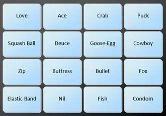 A four by four grid of 16 words: Love, Ace, Crab, Puck, Squash Ball, Deuce, Goose-Egg, Cowboy, Zip, Buttress, Bullet, Fox, Elastic Band, Nil, Fish, Condom