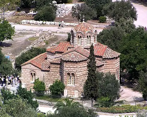 The Byzantine Church of the Holy Apostles, Athens, shows a Greek Cross plan with central dome and the axis marked by the narthex (transverse vestibule).