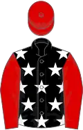 Black, white stars, red sleeves and cap