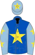 Royal blue, yellow star, light blue sleeves, yellow stars, light blue cap, yellow star
