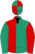 Emerald green and red (halved), sleeves reversed, quartered cap